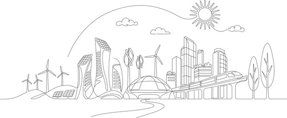 Naklejka premium Modern continuous line art illustration of a futuristic eco smart city with sustainable buildings, renewable energy, solar panels, wind turbines, eco transport and green urban infrastructure