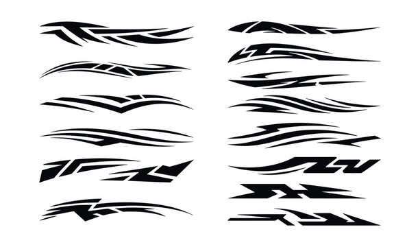 Tribal Flame Graphic Decals: A collection of dynamic, tribal-inspired graphic decals featuring sharp lines and flame-like abstract patterns.