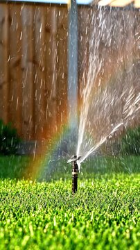 Water sprinkler sprays mist over green grass, creating a rainbow effect in sunlight, with wooden fence and garden plants visible in the background