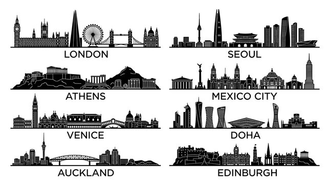 Global City Skyline Silhouette Collection in Minimal Black Vector Style Featuring London, Seoul, Athens, Mexico City, Venice, Doha, Auckland and Edinburgh Landmark Horizons