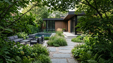 Fototapeta premium Private contemporary villa backyard with a lush hidden garden, patio lounge, and pool