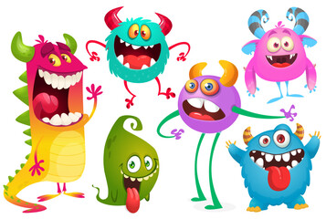 Naklejka premium Happy cartoon monsters with different face expressions. Set of cartoon vector funny and scary monsters characters design isolated on white