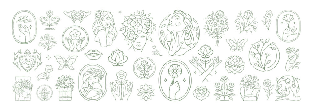A wide collection of elegant line art with female portraits, flowers, and hands. A delicate whimsical vector illustration for spiritual branding, spa logos or beauty products