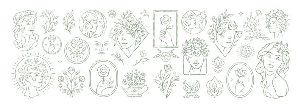 A large collection of elegant line art with female portraits, flowers, and celestial symbols. A beautiful whimsical vector illustration for spiritual branding, spa logos or beauty products