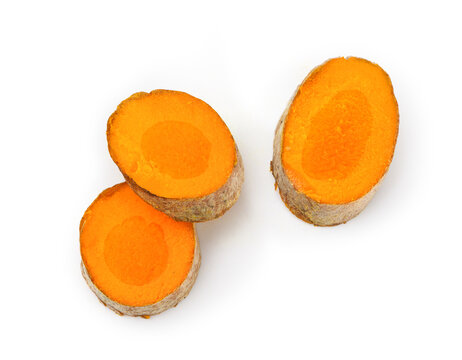 Top view of Turmeric (Curcuma longa Linn) slice isolated on white.