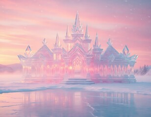 Obraz premium Majestic ice palace glowing in pink and orange sunset reflections over a frozen winter landscape