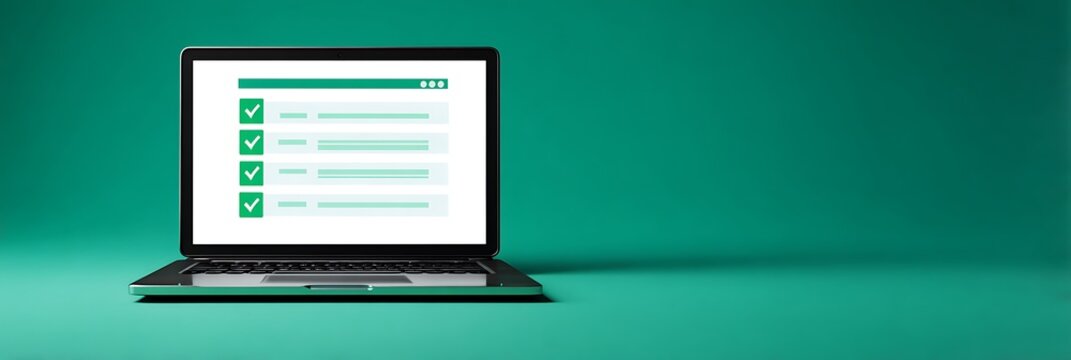 Laptop computer displaying a digital checklist with green checkmarks representing completed tasks, online surveys, and successful project management on a solid teal background
