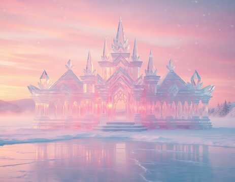 Majestic ice palace glowing in pink and orange sunset reflections over a frozen winter landscape
