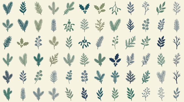 Seamless pattern of hand painted botanical leaves in blue and green watercolor on cream background