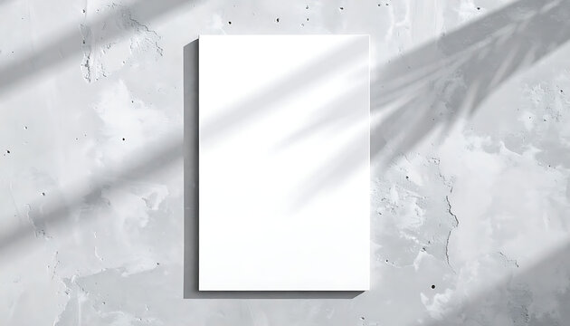 Blank white paper sheet casting shadow on a textured gray surface with leaf shadow overlay, modern mockup