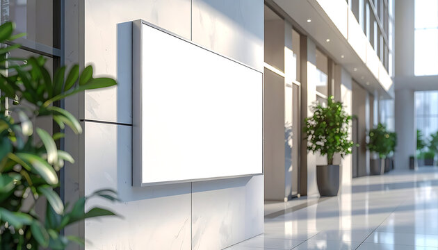Blank white sign on a modern building wall with plants and sunlight, suitable for advertising or information display