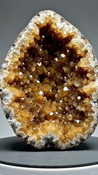Natural geode with sparkling orange crystals displayed on a rotating pedestal, showcasing intricate details and textures from multiple angles in a well-lit studio setting