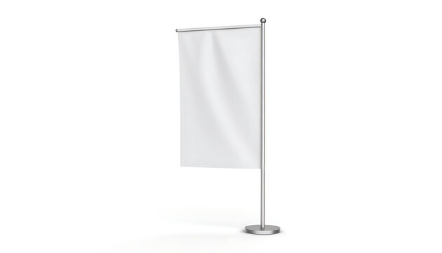 Blank white vertical banner flag on a silver pole with a heavy base, ready for custom branding or advertising messages