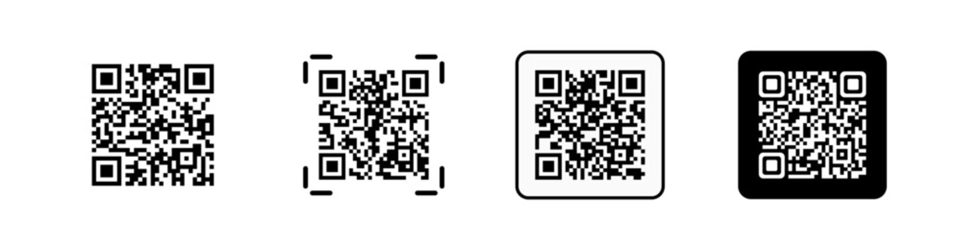 QR code icon set with different frame styles. Vector graphic elements for digital design, contactless payment, scanning mobile app, smart technology and marketing.