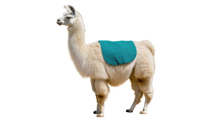 White llama with teal saddle blanket standing © Vetle