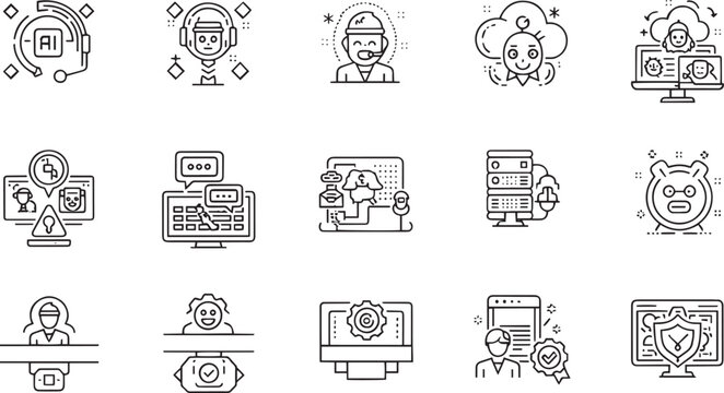 Website Maintenance Technical Support and Cybersecurity Optimization Outline Icon Set