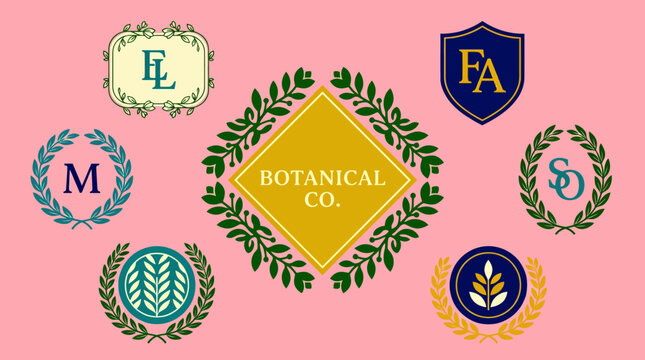 Vintage botanical logo collection with elegant laurel wreath monograms on pastel pink background