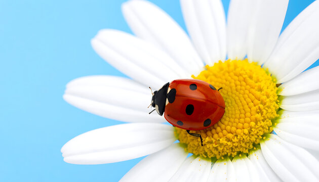 A bright red ladybug with black spots rests on a white daisy flower with a vibrant yellow center against a clear blue sky, macro view