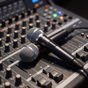 Geometric Wedding Microphone. Adjusting Audio Settings On A Sound Mixer For An Event