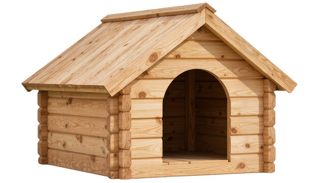 Wooden dog house with arched entrance and pitched roof