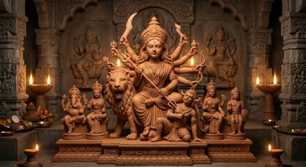 Obraz premium Terracotta idol of goddess durga sitting on a lion with deities in a temple setting illuminated by traditional clay oil lamps for the celebration of navratri and durga puja festival traditions