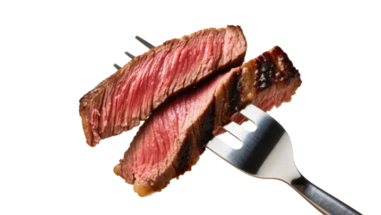 Fotobehang Steakhouse Juicy medium-rare steak slices on fork  © Fried