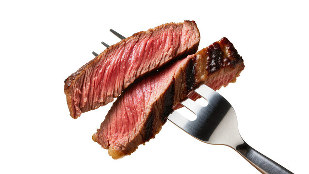 Juicy medium-rare steak slices on fork
