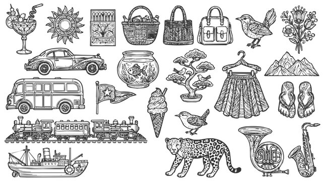 Vintage illustration sketch of a hand-drawn collection featuring transport, animals, and nature in a classic engraved monochrome style.