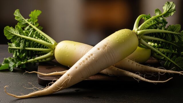 Fresh white daikon radishes on a dark surface.