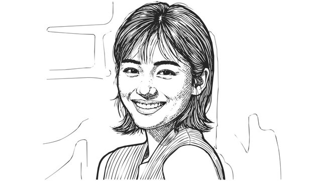 Asian girl - A beautiful Japanese woman with a happy smiling face in a detailed ink sketch portrait illustration featuring artistic cross-hatching