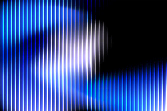 Abstract Blue Neon Light Swirl with Vertical Glowing Lines, Futuristic Digital Technology Background, Dynamic Energy Wave Pattern, Modern Cyber Wallpaper