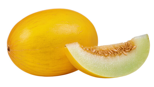 Whole yellow honeydew melon with a slice showing seeds