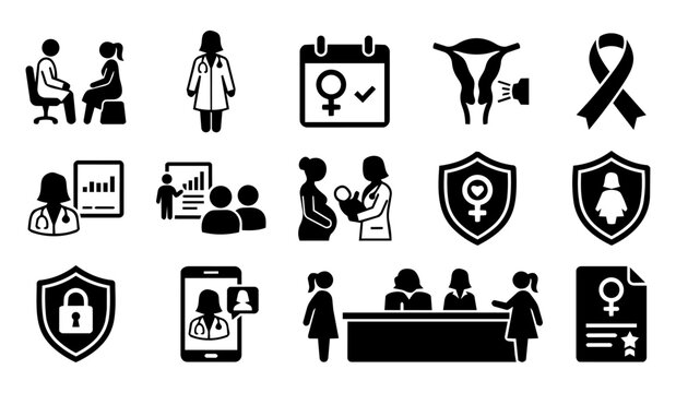 Gynecology Clinic Service Silhouette Icon Set - Women's Health Consultation Fertility and Telemedicine Concepts