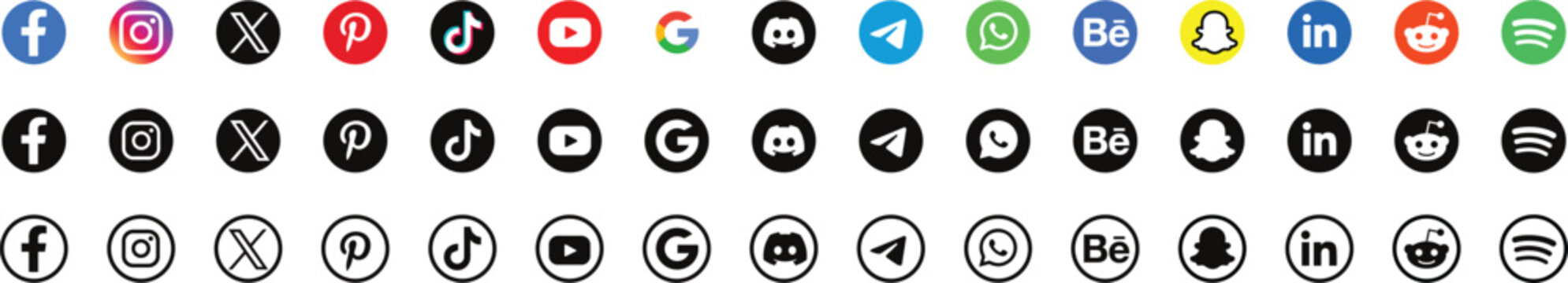 Social Media Icons Bundle. Colored, Solid and Outlined Styles Platform Logo Set