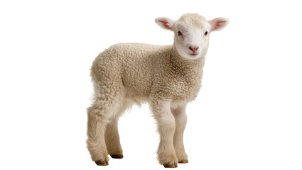 Fototapeta premium Fluffy young lamb standing on white
