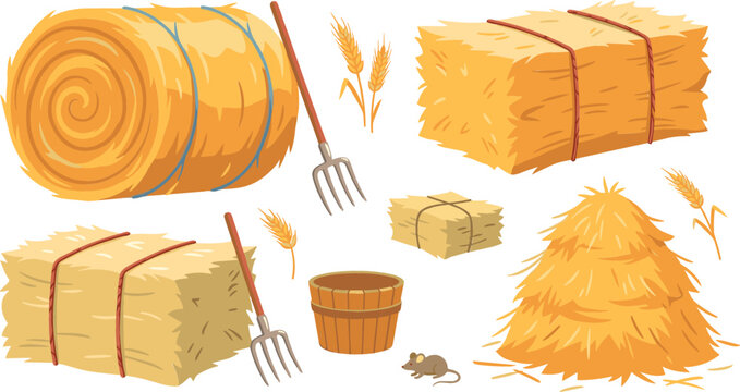 Hay bale and haystack farm vector illustration set with pitchfork wheat ears wooden bucket and little mouse isolated