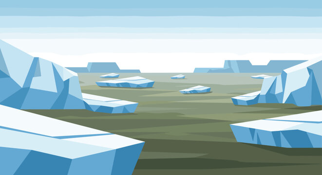 Arctic landscape features blue icebergs and fragments of ice floating in a dark green sea under a pale blue sky during a cold day.