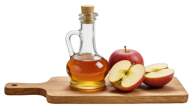 Glass bottle of apple cider vinegar with whole and halved red apples on wooden board