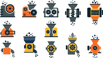 Fototapeta premium Industrial crusher machine vector icon set featuring heavy duty stone grinders coal mill shredders and aggregate crushing equipment isolated on white background.