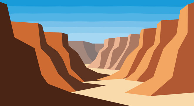 Minimalist canyon landscape illustration highlights deep brown rock walls and a narrow sandy path under a clear blue sky without clouds.