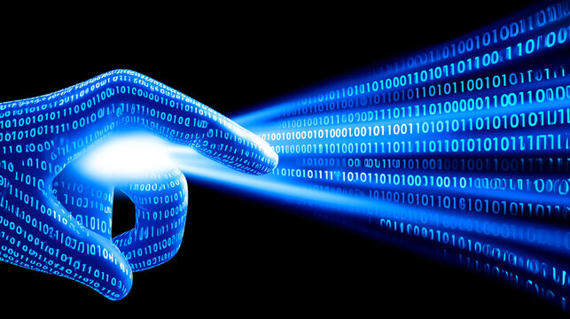 Conceptual hand silhouette composed of binary code interacting with a stream of digital data representing cyber security and information technology