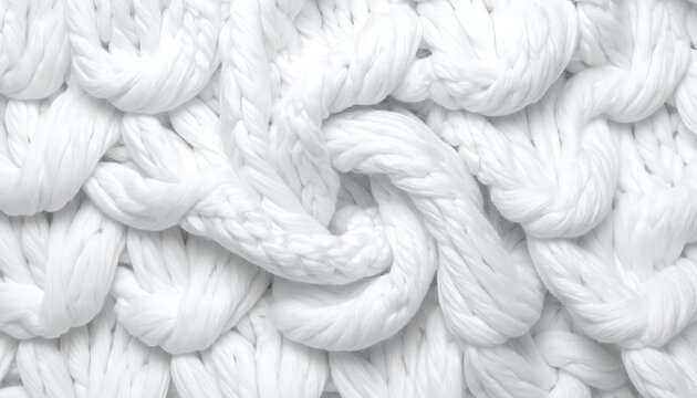 Close-up of thick white chunky knit yarn texture with interwoven loops, cozy fabric detail, tactile surface, background for winter fashion or crafts
