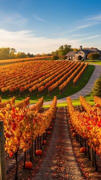 Autumn vineyard with red and green leaves under blue sky.