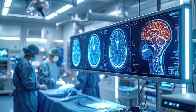 Advanced Brain Surgery - Medical Team Analyzing Scans in Operating Room.