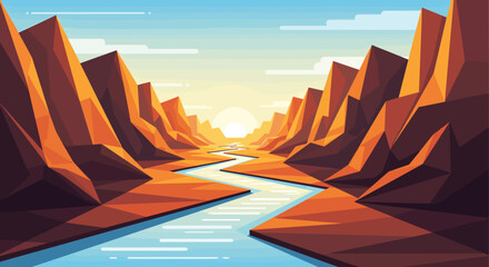 Beautiful low poly mountain valley at sunrise features a blue river winding between steep orange cliffs under a bright morning light. © Tohura