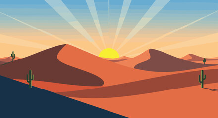 Fototapeta premium Desert sand dunes with green cacti are shown under a bright yellow sun with radiating rays in a stylized flat illustration style.