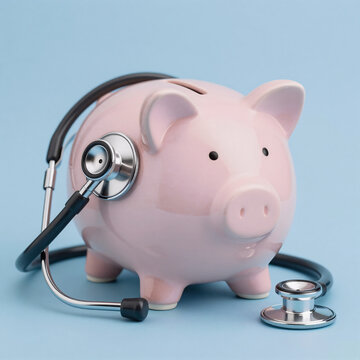 Expressionist Medical Money. Isolated Piggy Bank With Stethoscope On Light Blue Backdrop Symbolizing Health Care Savings For Medical Insurance