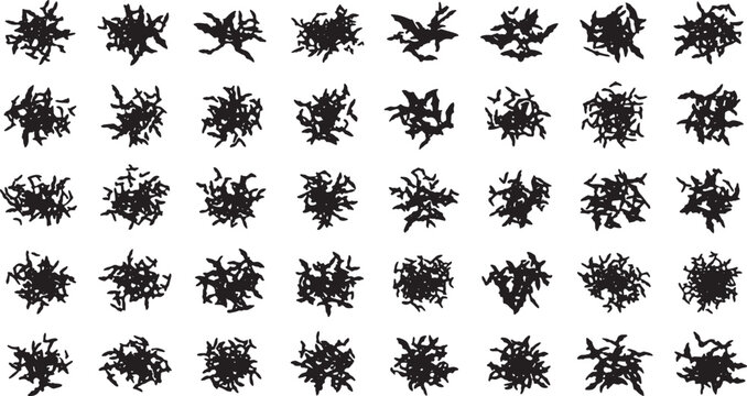 Flying Bat Swarm Silhouettes Vector Set in Black Line Art Outline Style