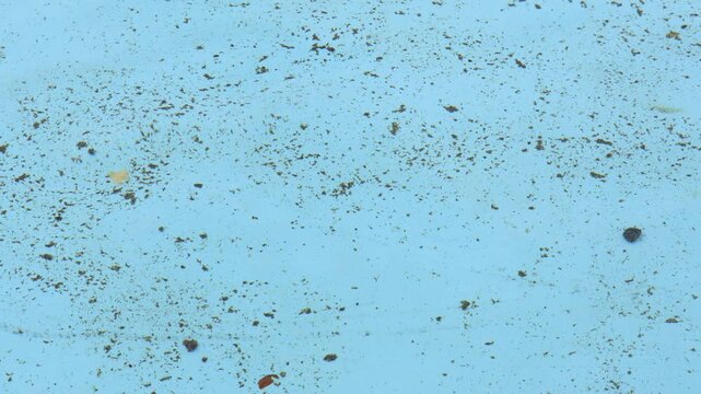 4K video of an underwater swimming pool floor with visible dirt, stains, and surface texture. The close-up shot highlights the worn condition of the pool bottom, water reflections