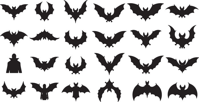 Flying Bat Silhouettes Vector Set Black Outline Halloween Night Wildlife Icons